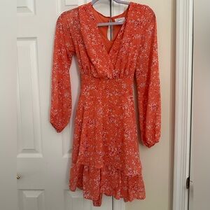 Japna Dress M Orange White Floral Tie Sash Tiered Skirt Lined Boho